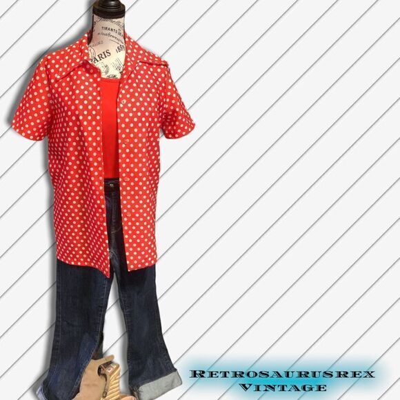 vintage 1970’s Red Tank & Polka Dot Button Up Shirt Set, XL - Picture 4 of 8